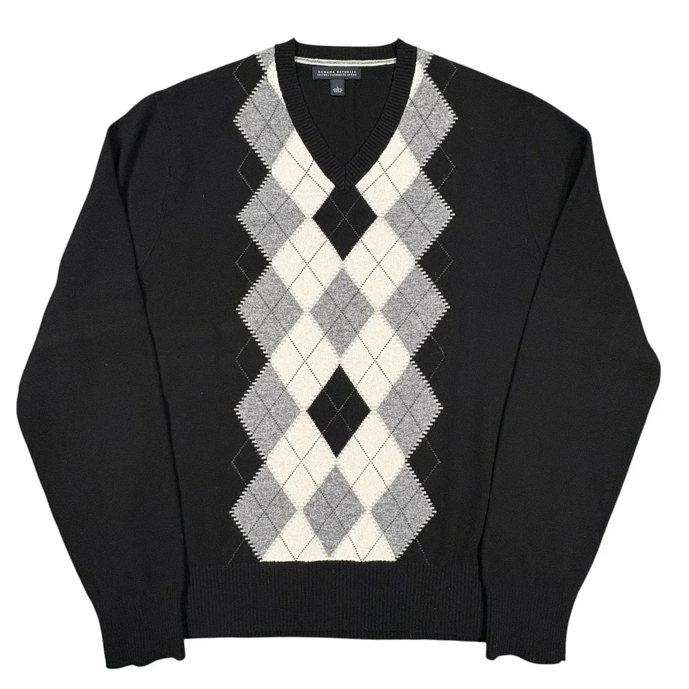 Banana Republic Cashmere Blend Sweater Mens L Black Argyle V-Neck Y2K Academia